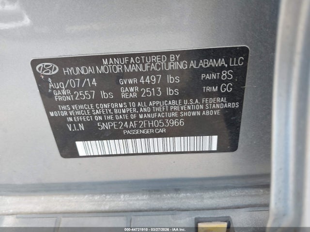 Aukcja sprzedaży 2015 Hyundai Sonata Se, vin: 5NPE24AF2FH053966, numer aukcji: 44721910