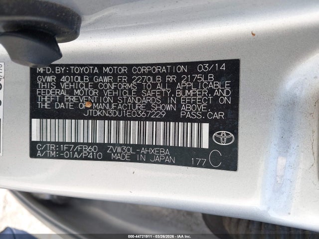 Toyota Prius Two 2014 JTDKN3DU1E0367229 Image 9