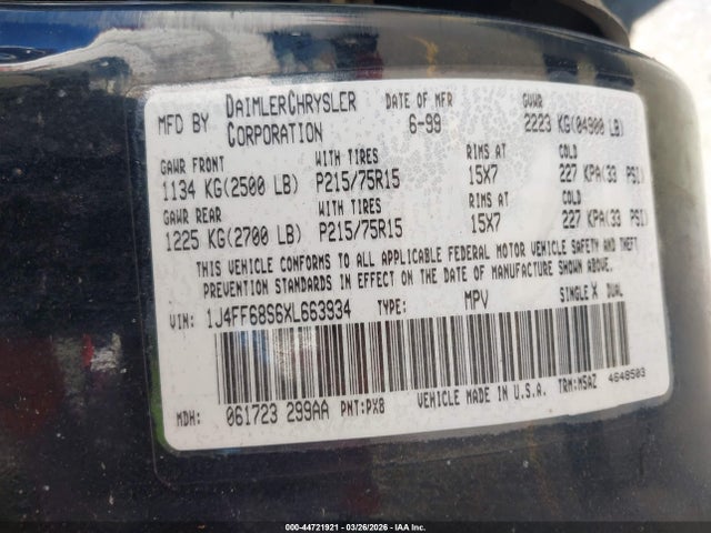 44721921 :رقم المزاد ، 1J4FF68S6XL663934 vin ، 1999 Jeep Cherokee Classic/sport مزاد بيع