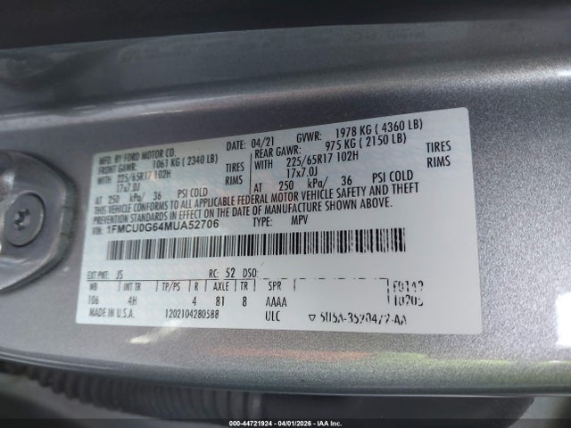 1FMCU0G64MUA52706 Ford ESCAPE SE