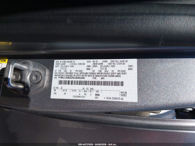 44721926 :رقم المزاد ، 1FMCU0BZ2NUB46246 vin ، 2022 Ford Escape Se Hybrid مزاد بيع