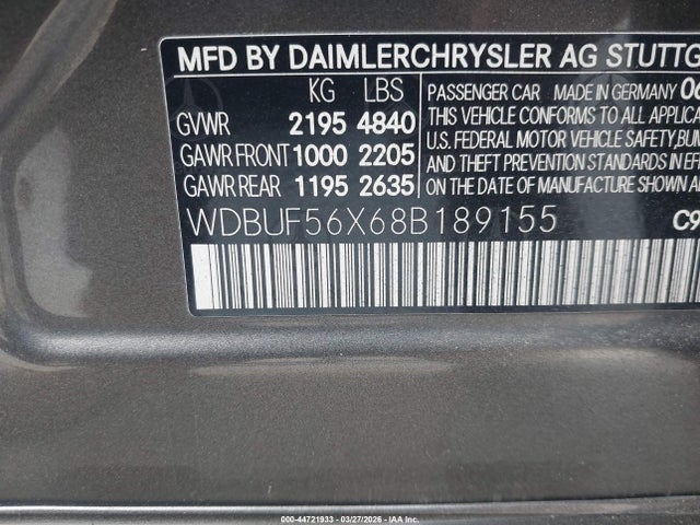44721933 :رقم المزاد ، WDBUF56X68B189155 vin ، 2008 Mercedes-benz E 350 مزاد بيع