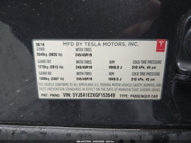 2016 Tesla Model S 60d/70d/75d/85d/90d მანქანა იყიდება აუქციონზე, vin: 5YJSA1E2XGF153549, აუქციონის ნომერი: 44721934
