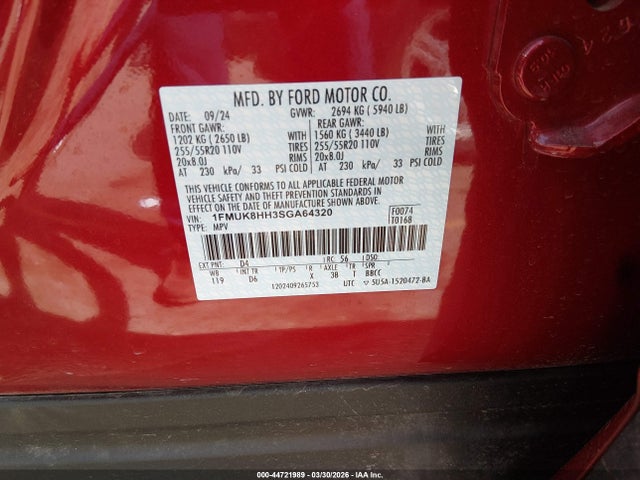 2025 Ford Explorer Platinum მანქანა იყიდება აუქციონზე, vin: 1FMUK8HH3SGA64320, აუქციონის ნომერი: 44721989