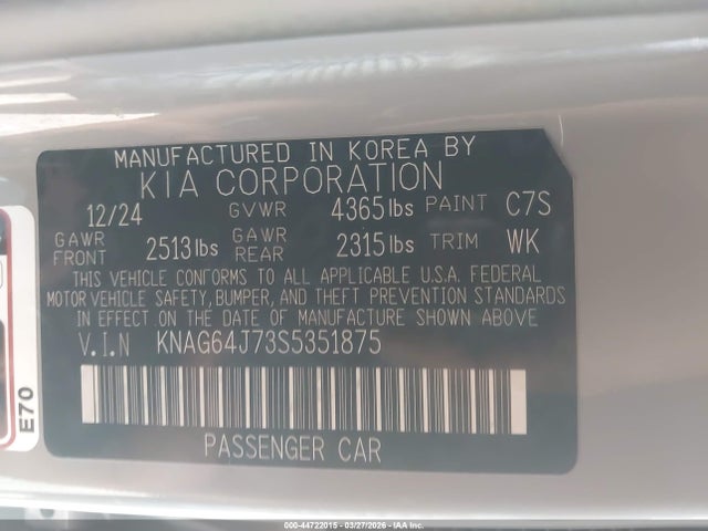 2025 Kia K5 Gt-line მანქანა იყიდება აუქციონზე, vin: KNAG64J73S5351875, აუქციონის ნომერი: 44722015