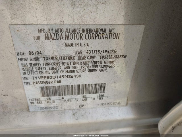 Aukcja sprzedaży 2004 Mazda Mazda6 S, vin: 1YVFP80D145N86430, numer aukcji: 44722034
