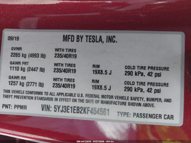 Продаж на аукціоні авто 2019 Tesla Model 3 Long Range/performance, vin: 5YJ3E1EB2KF454561, номер лоту: 44722038