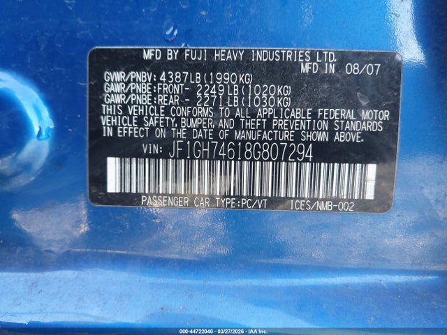 2008 Subaru Impreza Wrx მანქანა იყიდება აუქციონზე, vin: JF1GH74618G807294, აუქციონის ნომერი: 44722040