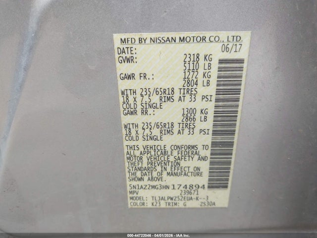 Auction sale of the 2017 Nissan Murano S, vin: 5N1AZ2MG3HN174894, lot number: 44722046