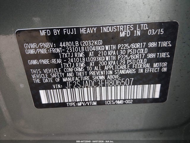Aukcja sprzedaży 2015 Subaru Forester 2.5i Premium, vin: JF2SJADC3FH806507, numer aukcji: 44722049