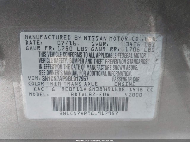 3N1CN7AP9GL917957 Nissan Versa 1.6 Sv