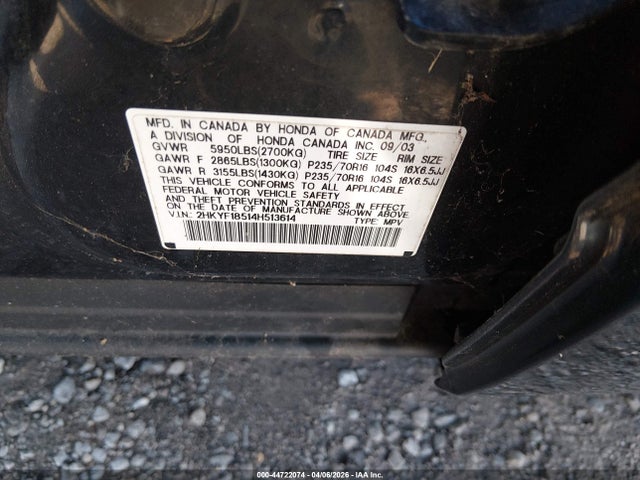 44722074 :رقم المزاد ، 2HKYF18514H513614 vin ، 2004 Honda Pilot Ex-l مزاد بيع