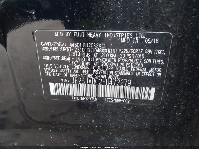 Продаж на аукціоні авто 2017 Subaru Forester 2.5i, vin: JF2SJABC2HH472279, номер лоту: 44722080