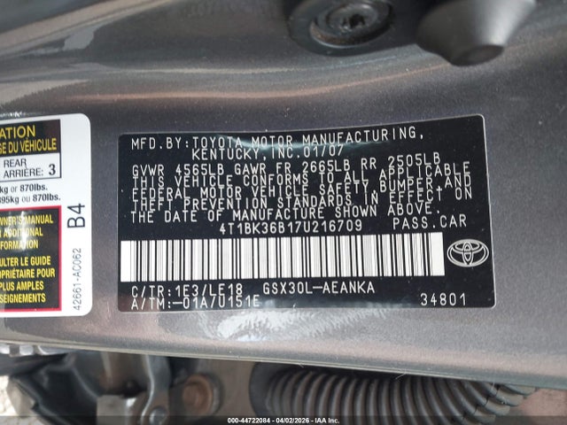 Продаж на аукціоні авто 2007 Toyota Avalon Xl, vin: 4T1BK36B17U216709, номер лоту: 44722084
