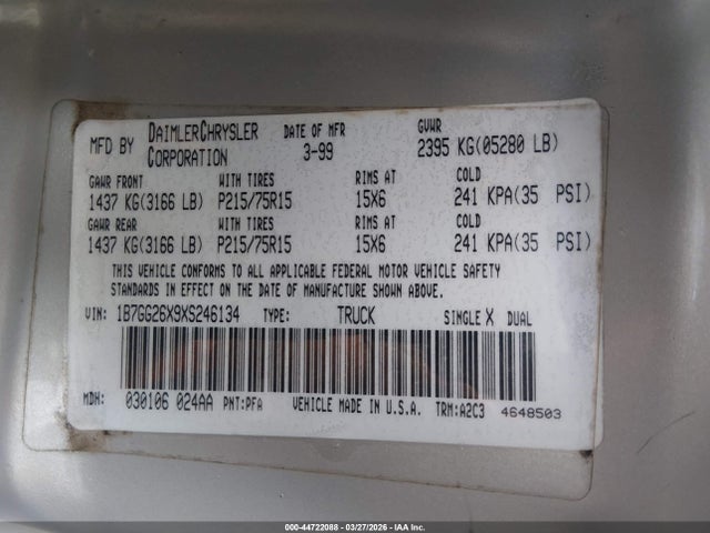 Aukcja sprzedaży 1999 Dodge Dakota Slt/sport, vin: 1B7GG26X9XS246134, numer aukcji: 44722088