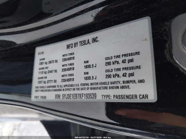 Aukcja sprzedaży 2019 Tesla Model 3 Long Range/performance, vin: 5YJ3E1EB7KF193539, numer aukcji: 44722125