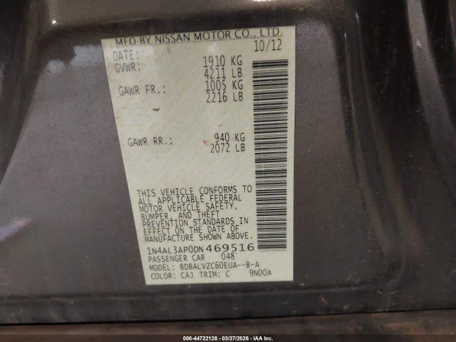 Aukcja sprzedaży 2013 Nissan Altima 2.5 Sl, vin: 1N4AL3AP0DN469516, numer aukcji: 44722128