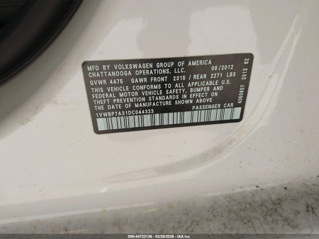 Aukcja sprzedaży 2013 Volkswagen Passat 2.5l Se, vin: 1VWBP7A31DC044323, numer aukcji: 44722136