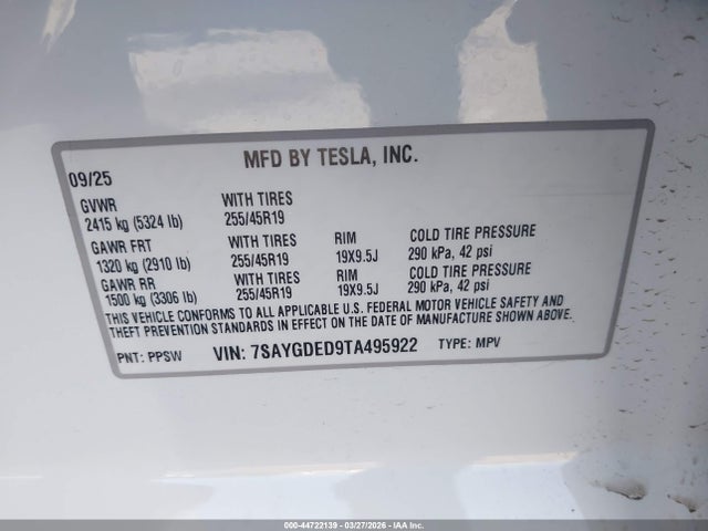 Aukcja sprzedaży 2026 Tesla Model Y Premium Rear-wheel Drive/standard Rear-wheel Drive, vin: 7SAYGDED9TA495922, numer aukcji: 44722139