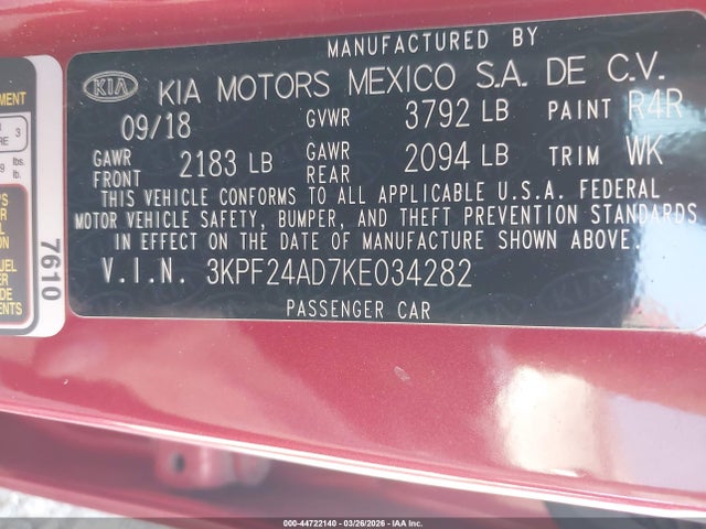2019 Kia Forte Lxs მანქანა იყიდება აუქციონზე, vin: 3KPF24AD7KE034282, აუქციონის ნომერი: 44722140