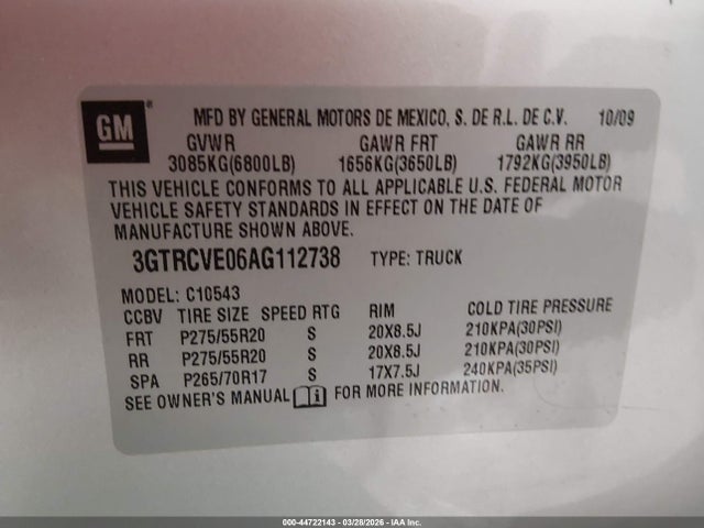Aukcja sprzedaży 2010 Gmc Sierra 1500 Sle, vin: 3GTRCVE06AG112738, numer aukcji: 44722143