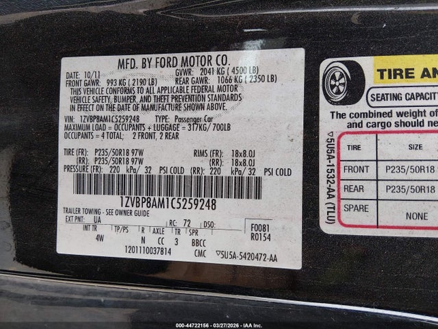 44722156 :رقم المزاد ، 1ZVBP8AM1C5259248 vin ، 2012 Ford Mustang V6 Premium مزاد بيع