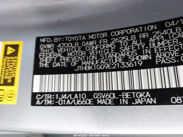 44722157 :رقم المزاد ، JTHBK1GG9E2133619 vin ، 2014 Lexus Es 350 مزاد بيع