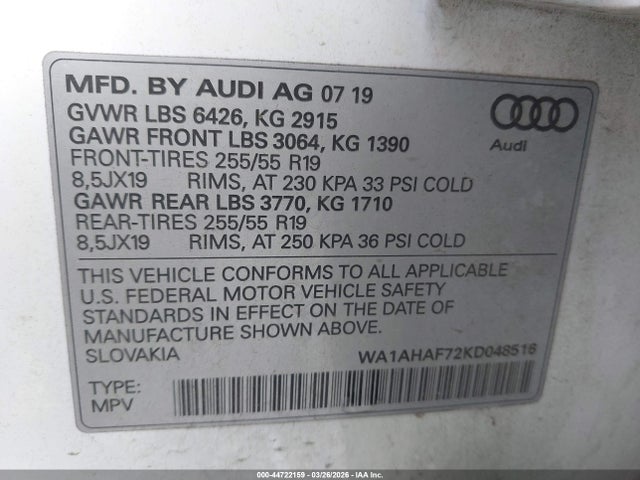 Aukcja sprzedaży 2019 Audi Q7 45 Premium/45 Se Premium, vin: WA1AHAF72KD048516, numer aukcji: 44722159