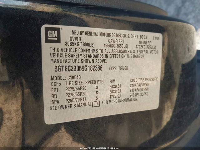 44722187 :رقم المزاد ، 3GTEC23059G182386 vin ، 2009 Gmc Sierra 1500 Sle مزاد بيع