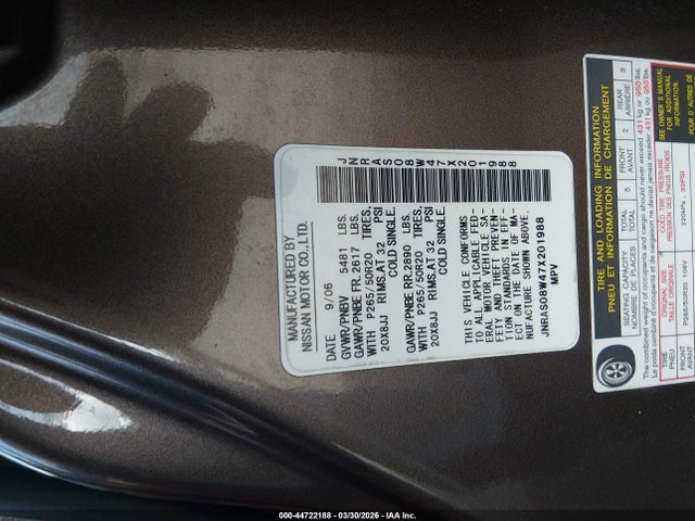 44722188 :رقم المزاد ، JNRAS08W47X201988 vin ، 2007 Infiniti Fx35 مزاد بيع