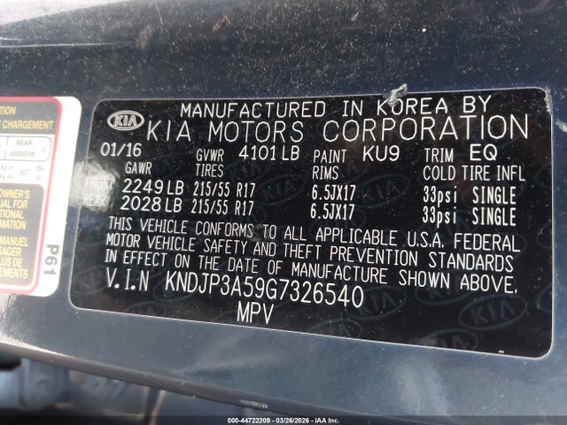 KIA SOUL + 2016 KNDJP3A59G7326540 Image 9