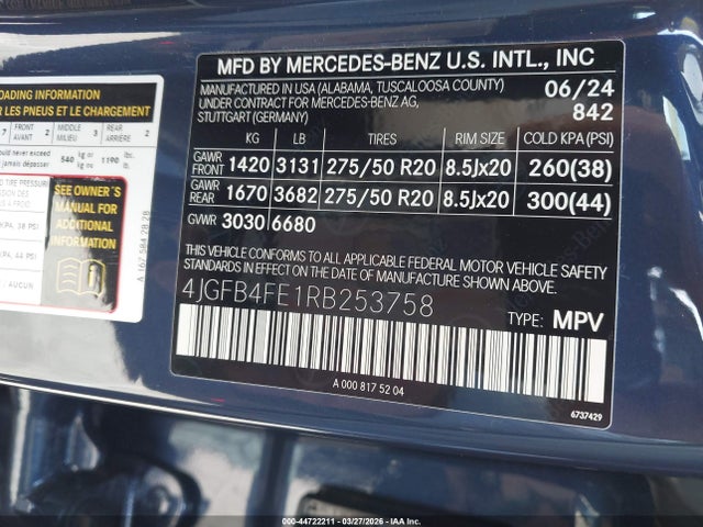 44722211 :رقم المزاد ، 4JGFB4FE1RB253758 vin ، 2024 Mercedes-benz Gle 350 4matic مزاد بيع