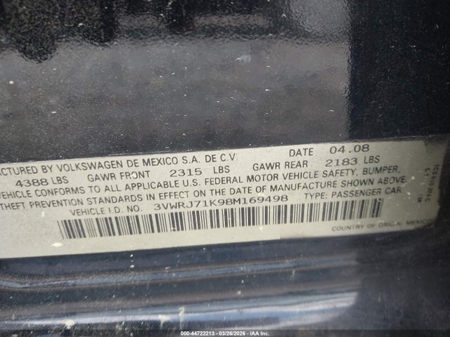 44722213 :رقم المزاد ، 3VWRJ71K98M169498 vin ، 2008 Volkswagen Jetta Wolfsburg Edition مزاد بيع