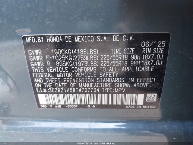 Aukcja sprzedaży 2026 Honda Hr-v 2wd Sport, vin: 3CZRZ1H58TM707734, numer aukcji: 44722225