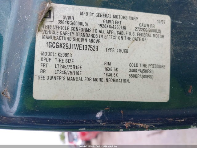 Продаж на аукціоні авто 1998 Chevrolet K2500 Fleetside, vin: 1GCGK29J1WE137539, номер лоту: 44722252