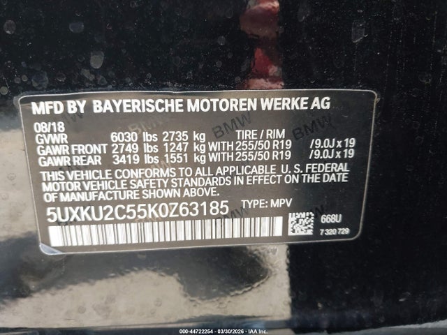 Aukcja sprzedaży 2019 Bmw X6 Xdrive35i, vin: 5UXKU2C55K0Z63185, numer aukcji: 44722254