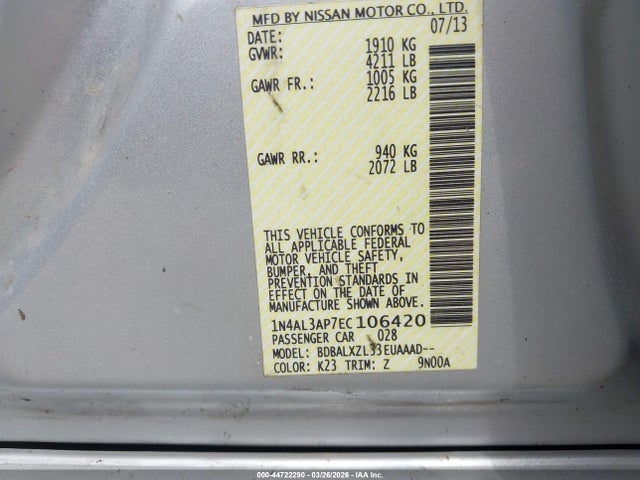 Продаж на аукціоні авто 2014 Nissan Altima 2.5 Sl, vin: 1N4AL3AP7EC106420, номер лоту: 44722290
