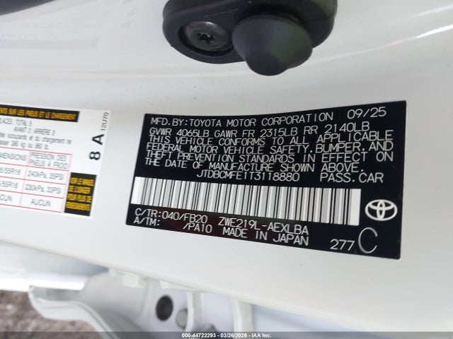 JTDBCMFE1T3118880 Toyota Corolla Hybrid Hybrid Le