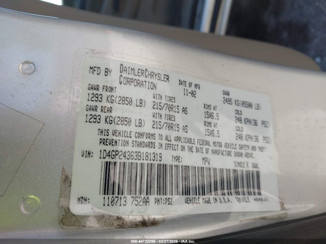 Aukcja sprzedaży 2003 Dodge Grand Caravan Se, vin: 1D4GP24363B181319, numer aukcji: 44722296