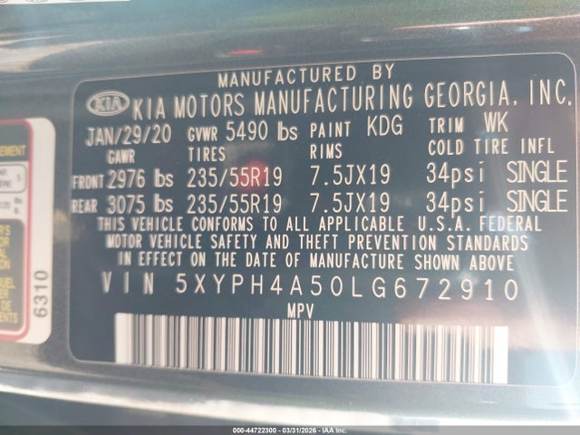 Продаж на аукціоні авто 2020 Kia Sorento 3.3l Ex, vin: 5XYPH4A50LG672910, номер лоту: 44722300