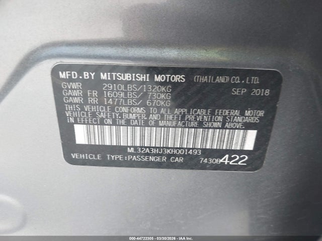 Продаж на аукціоні авто 2019 Mitsubishi Mirage Es, vin: ML32A3HJ3KH001493, номер лоту: 44722305