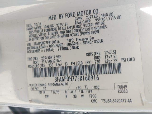 2015 FORD FUSION 3FA6P0H77FR160916 Photo 8