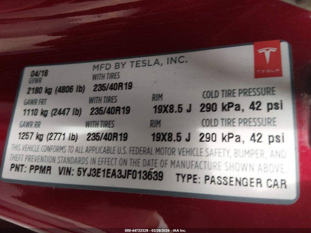Aukcja sprzedaży 2018 Tesla Model 3 Long Range/mid Range, vin: 5YJ3E1EA3JF013639, numer aukcji: 44722329