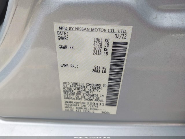 2022 Nissan Altima Sv Fwd მანქანა იყიდება აუქციონზე, vin: 1N4BL4DV3NN339431, აუქციონის ნომერი: 44722330