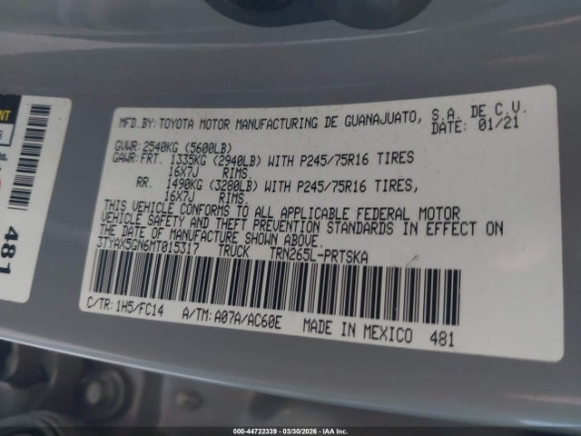 3TYAX5GN6MT015317 Toyota Tacoma Sr5