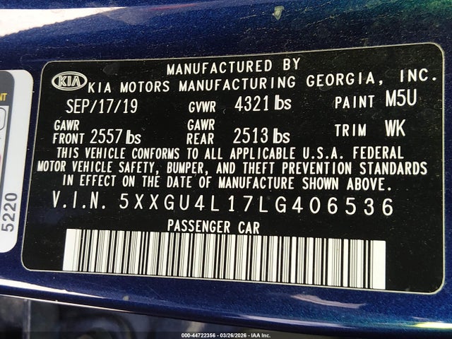 5XXGU4L17LG406536 KIA Optima Ex Premium