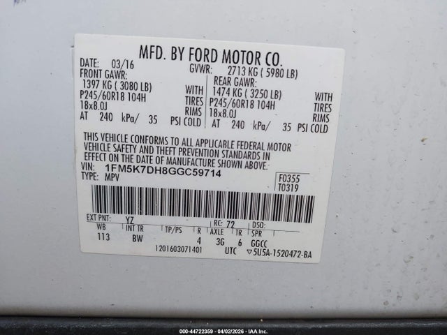 Aukcja sprzedaży 2016 Ford Explorer Xlt, vin: 1FM5K7DH8GGC59714, numer aukcji: 44722359