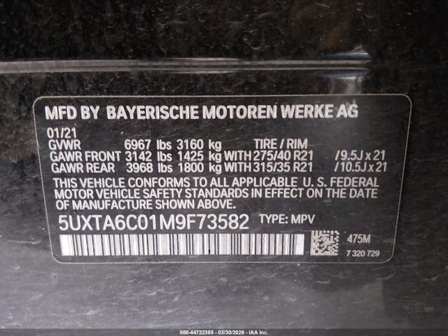 44722385 :رقم المزاد ، 5UXTA6C01M9F73582 vin ، 2021 Bmw X5 Phev Xdrive45e مزاد بيع