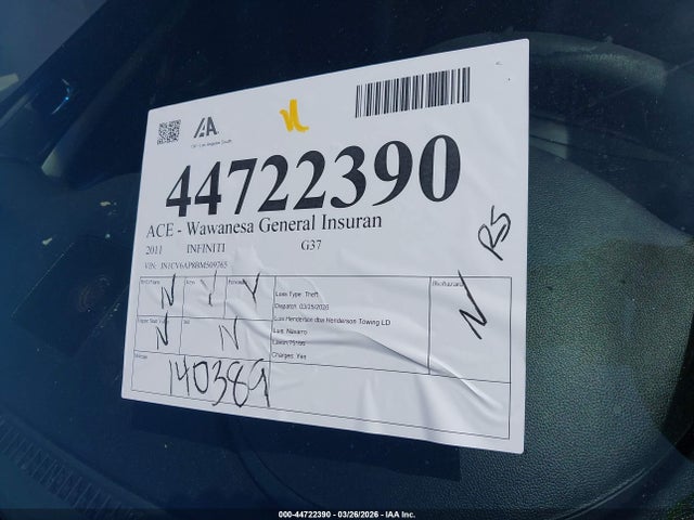 Aukcja sprzedaży 2011 Infiniti G37 Journey, vin: JN1CV6AP8BM509765, numer aukcji: 44722390