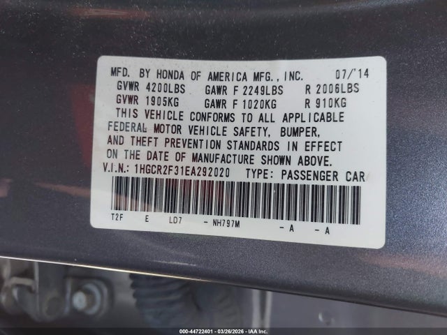 Honda ACCORD LX 2014 1HGCR2F31EA292020 Image 9